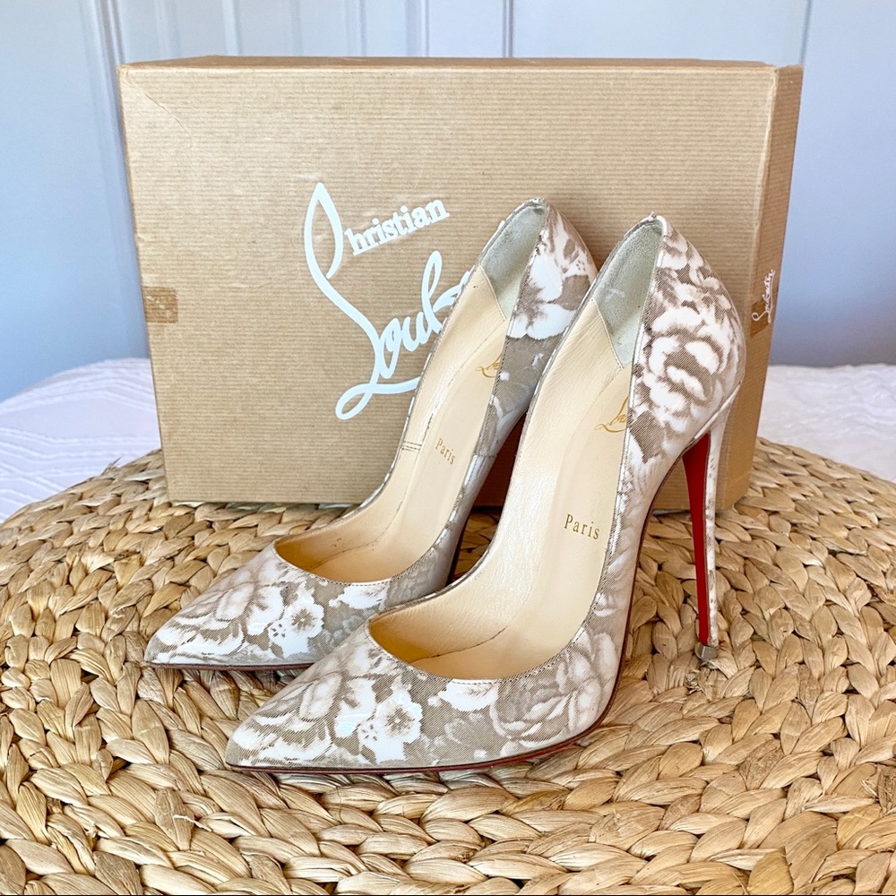 Christian Louboutin Pigalle Follies 120 Beige Floral Red Sole Pump